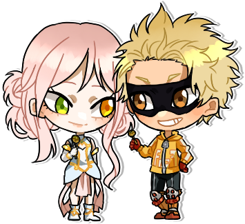 A chibi drawing of Misami and Fatgum standing together.