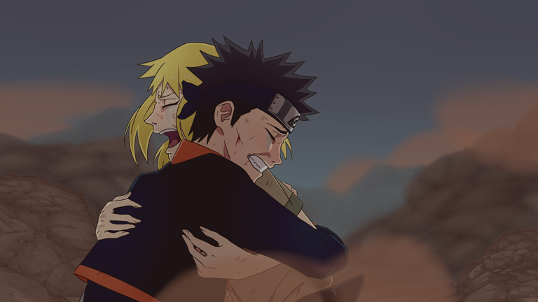 A picture of Senkiai and Obito hugging in the middle of the battlefield Obito disappears from in canon, with both parties crying and injured.
