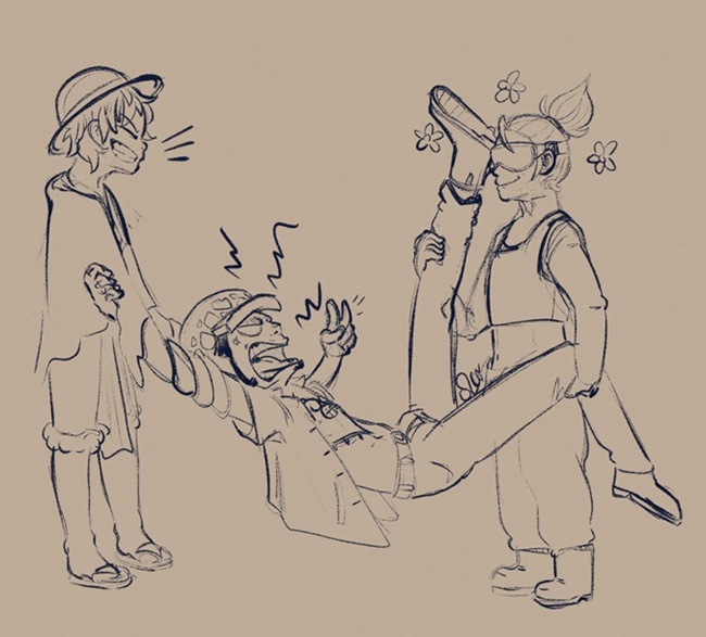 An image of Shiro and Luffy lifting Law between them. Law is complaining at full volume at the manhandling, but Luffy is laughing his classic laugh while Shiro beams a flowery, uncaring smile.
