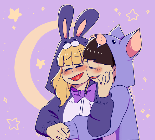 A picture of Ichimatsu and a self-insert hugging, both of them are wearing animal onesies. Ichimatsu is in a bat onesie, while the self-insert is in a bunny one.