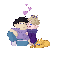 A chibi gif of Ichimatsu and a self-insert being generally cute, with an animated floating trio of hearts above them.