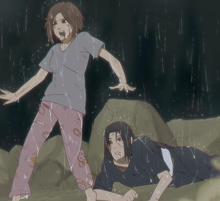 A picture of a self-insert standing in front of a bloodied Itachi Uchiha, in the middle of a battled field.