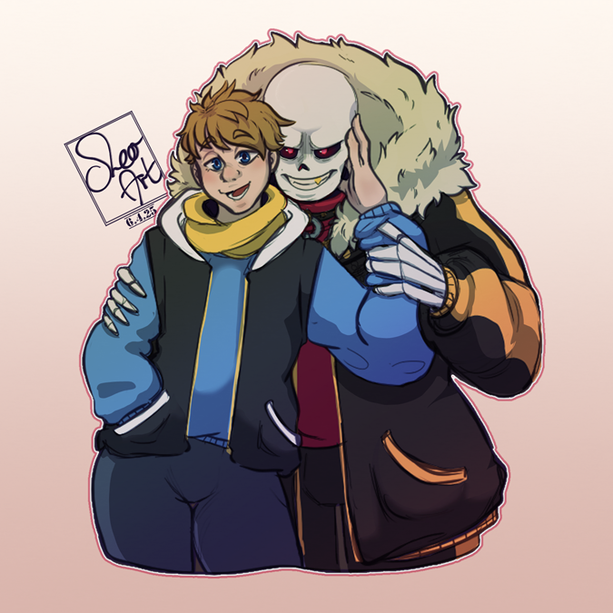 An image of UF Sans and a self-insert together, both facing the viewer. The self-insert is standing confidently, with one hand reaching back to cup UF Sans' face lovingly, and their expression is calm with their mouth open as if they are speaking to the viewer. UF Sans is leaning forward, and gripping the self-insert's arms on either side of them possessively, and is grinning mildly threateningly at the viewer.