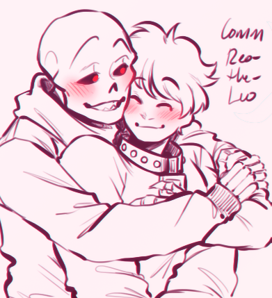 A bust up image of UF Sans and a self-insert hugging, with UF Sans having wrapped his arms around the self-insert. The pair are smiling at each other lovingly, with mild blushes.