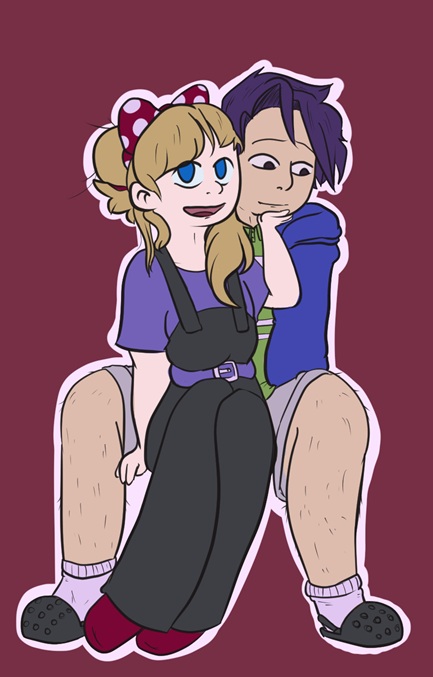 Shane and a self-insert farmer cuddling while sitting down. Shane is behind the farmer, and looking away from the viewer shyly, while the farmer has a hand to his chin, but is turned towards the viewer and addressing them.
