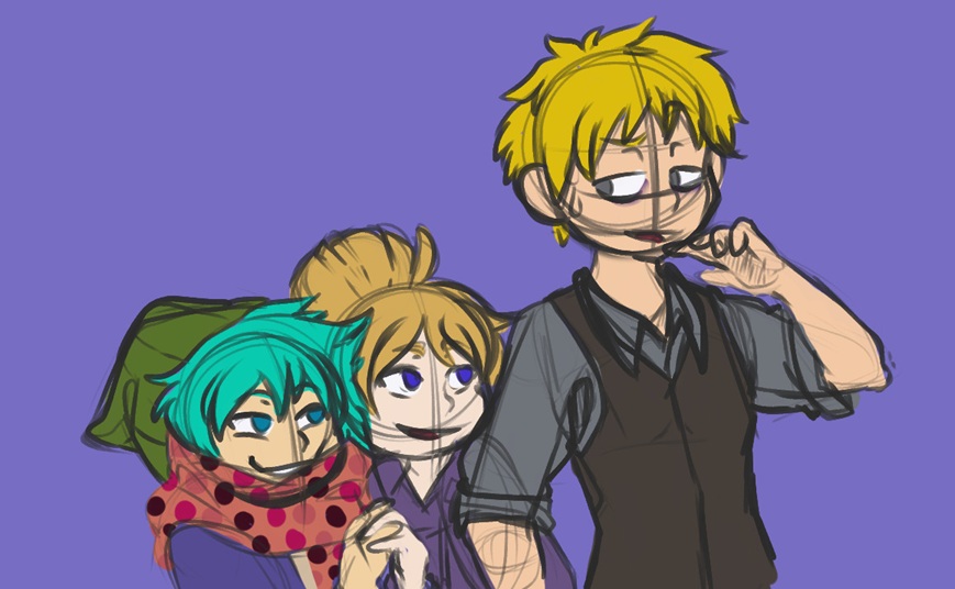 A semi-messy sketch of Sou and self-insert clutching hands and looking up at Keiji, who has his hand raised as he chuckles a little nervously while looking at the plotting pair.